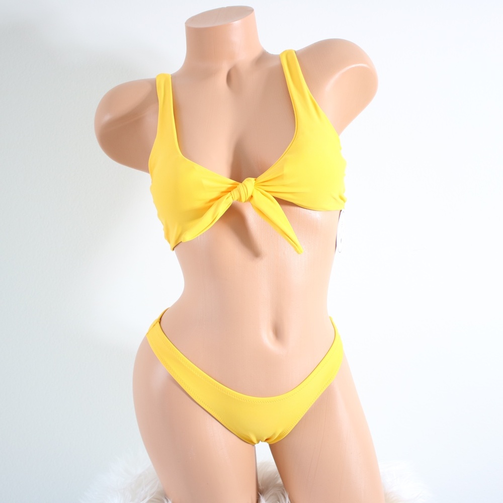 Yellow Front Tie Knot High Cut Ruched Brazilian Bikini Set Size Small